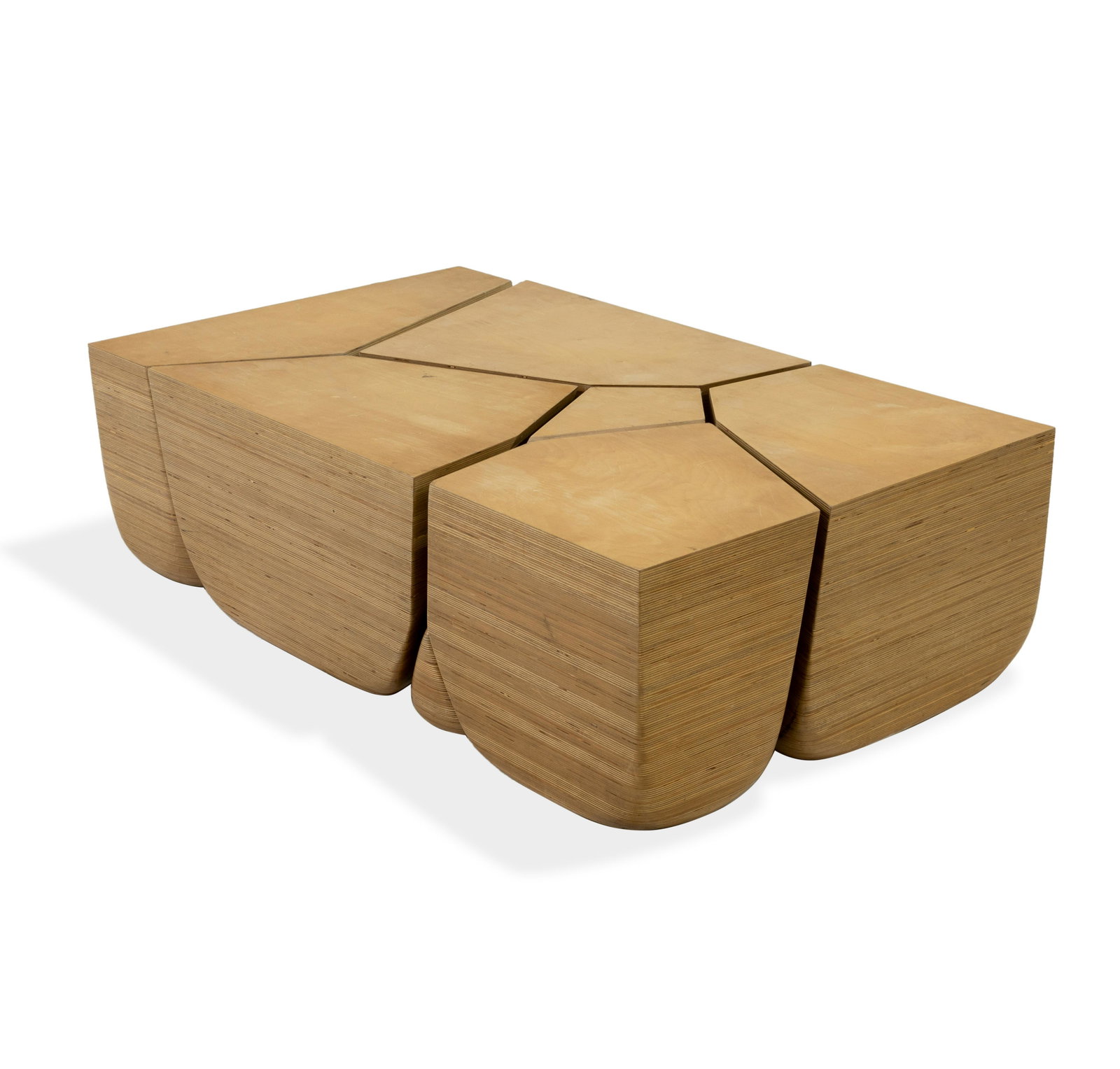Laminated Plywood Puzzle Coffee table: Description: A laminated 6 part laminated plywood "Puzzle" coffee table Dimensions: Total - 15" x 60" x 30"