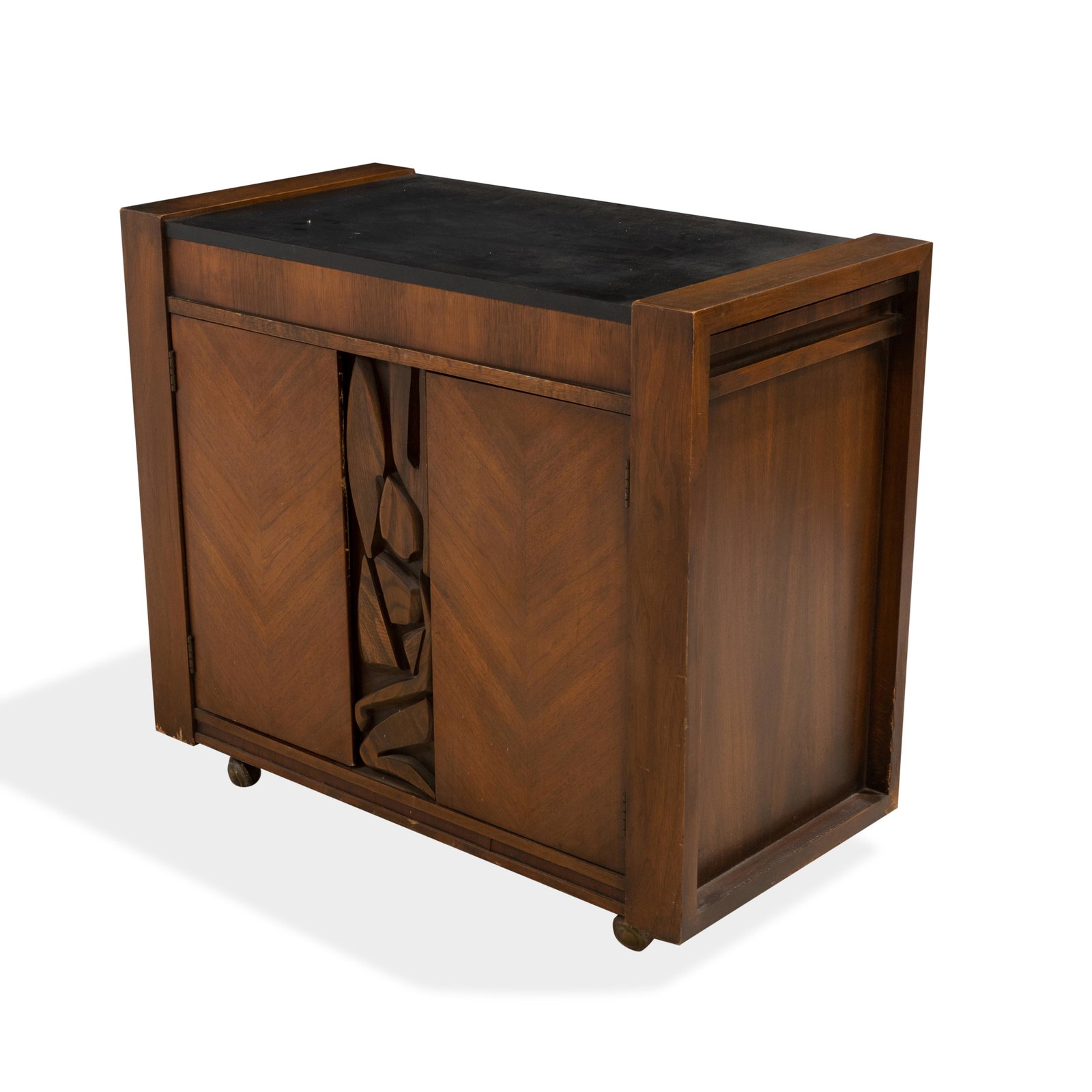 United - Walnut "Tiki" Bar Cart: Description - United walnut "Tiki" bar cart. With pull out tablet and shelf. Doors contain a shelf. Dimensions - 30" x 35" x 18"