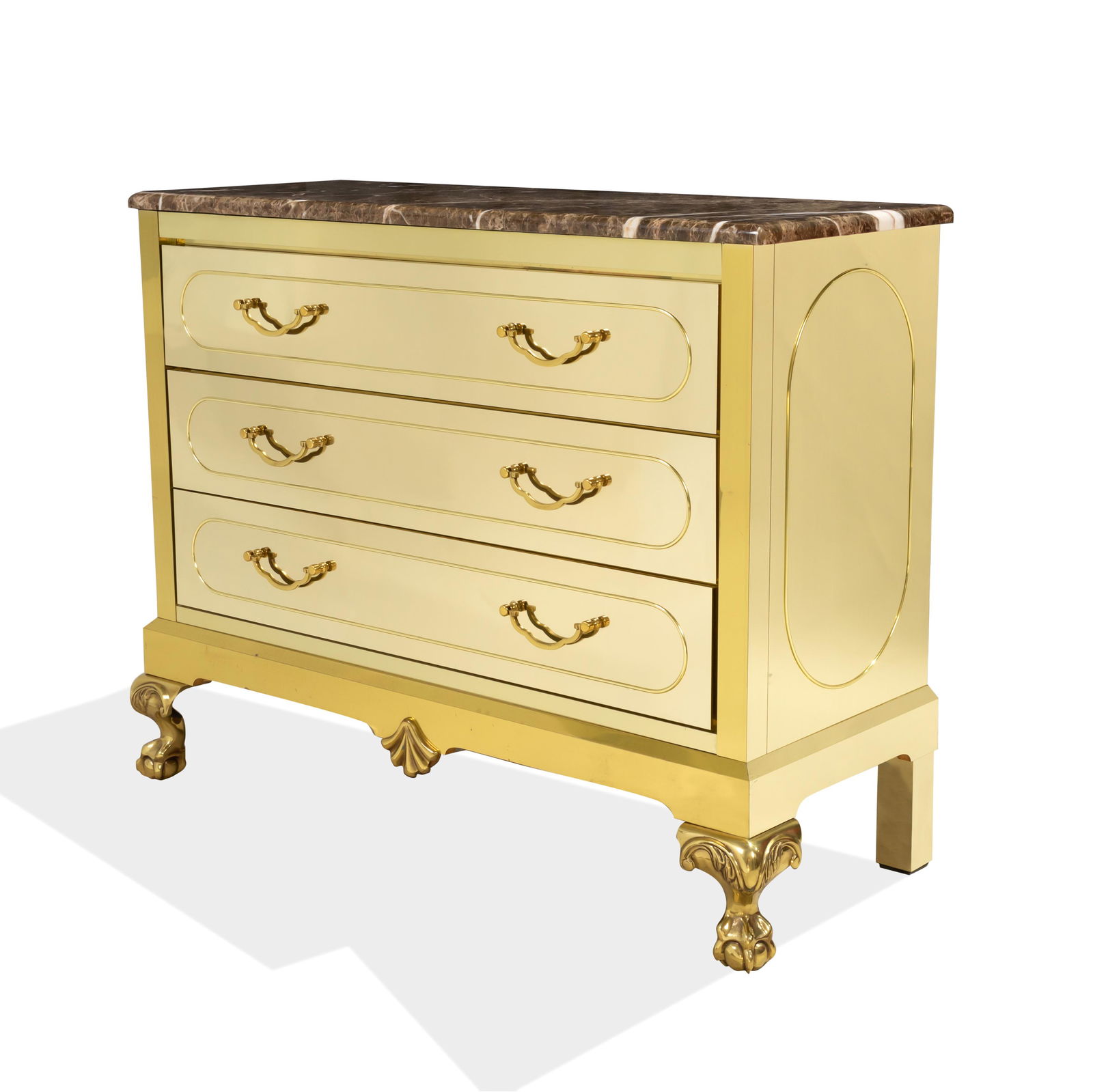 Mastercraft Style Chest: Description - Mastercraft style brass finish marble top chest. Dimensions - 36" x 45" x 17"