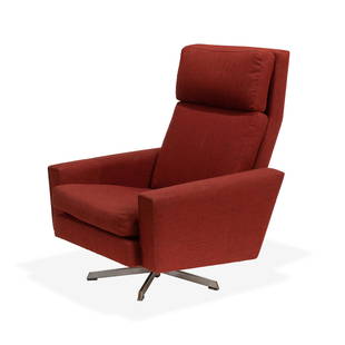 Georg Thams - Swivel Lounge Chair: Description: 1960s Georg Thams Danish swivel lounge chair. Rust colored wool fabric, 4-star chrome base with wood inlays Dimensions - 39" x 31" x 30"