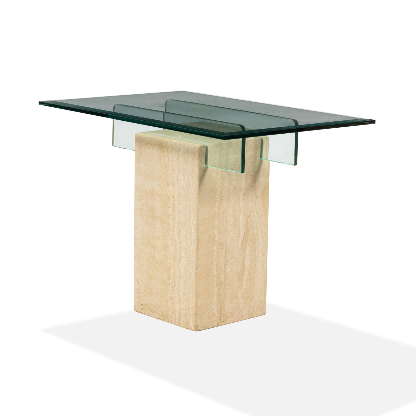 Travertine & Glass Table: Description - A travertine and glass end table. Dimensions - 21" x 30" x 20"