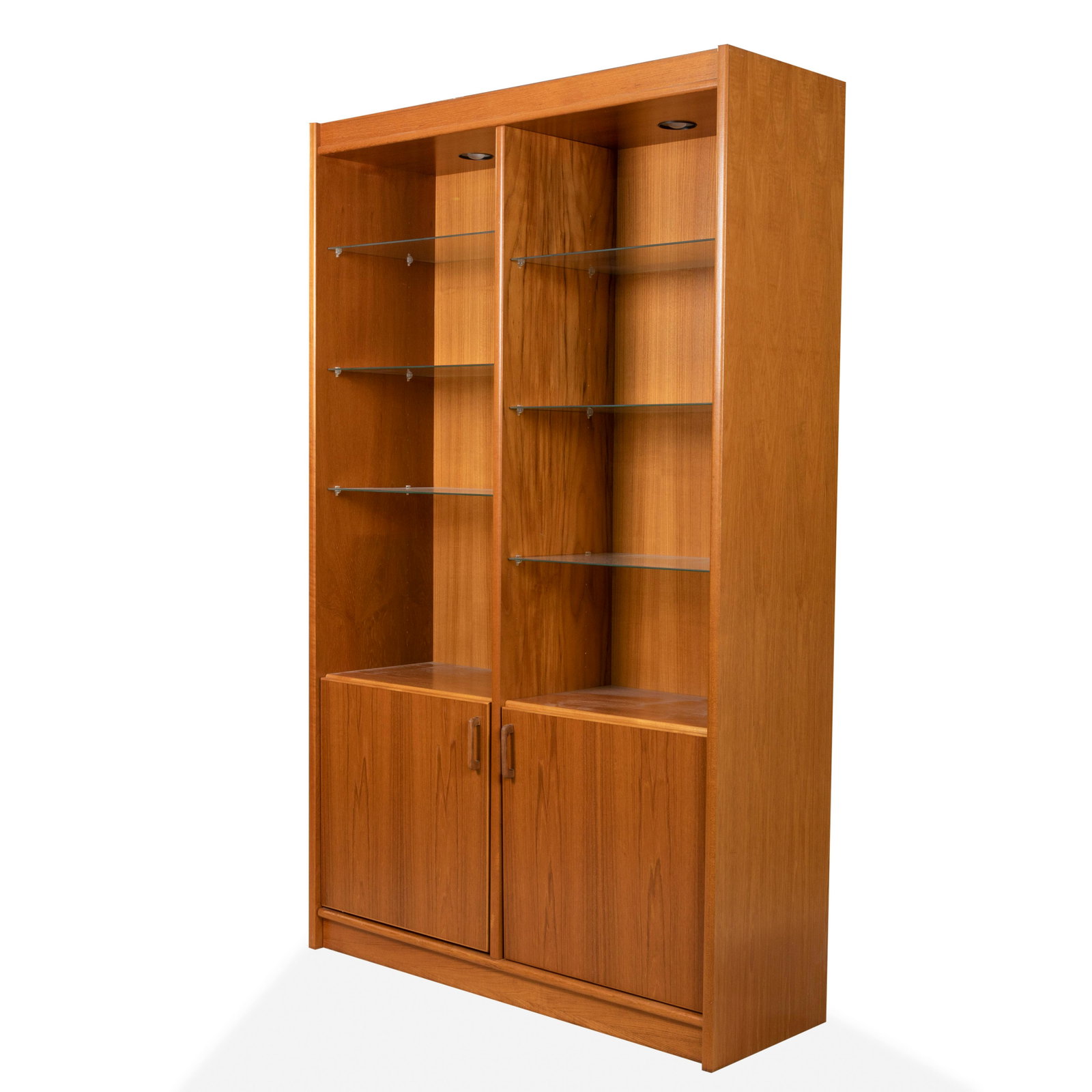 Danish Teak Bookcase: Description - A Danish teak bookcase with glass shelves. Dimensions - 79" x 48.5" x 16.5"