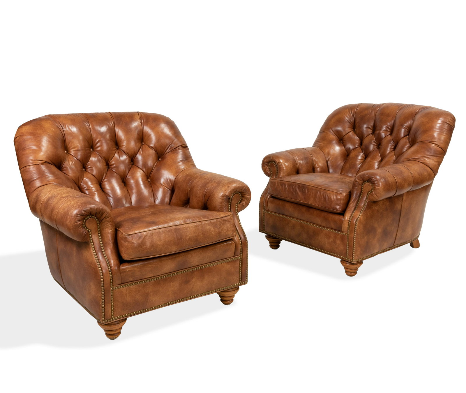Hancock and Moore - Leather Club Chairs: Description - Pair of Hancock and Moore tufted leather club chairs. Dimensions - 34" x 36" x 36'