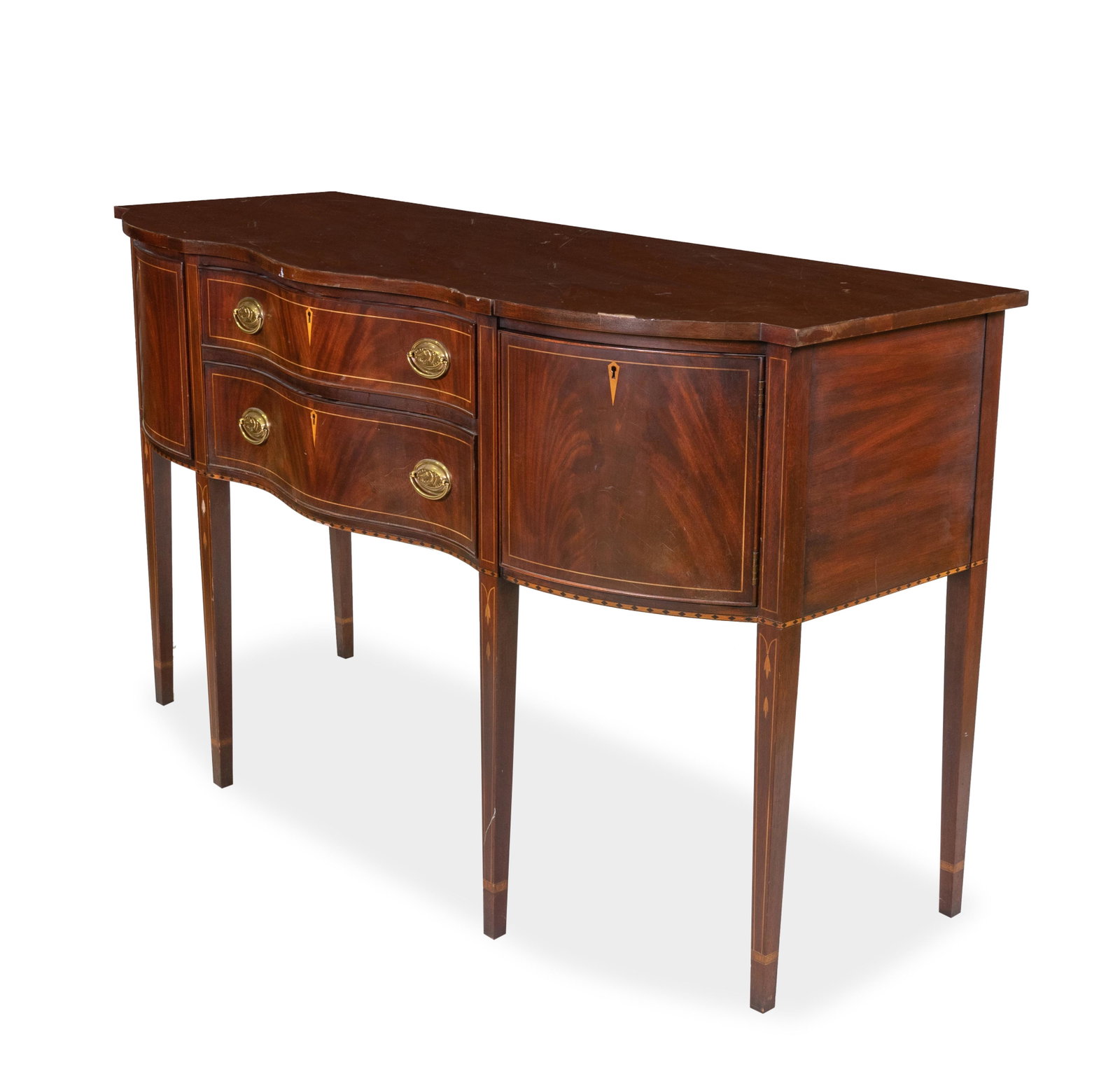 Henkel Harris - Inlaid Mahogany Sideboard: Description - Henkel Harris inlaid mahogany sideboard on legs. Dimensions - 39" x 66" x 26"