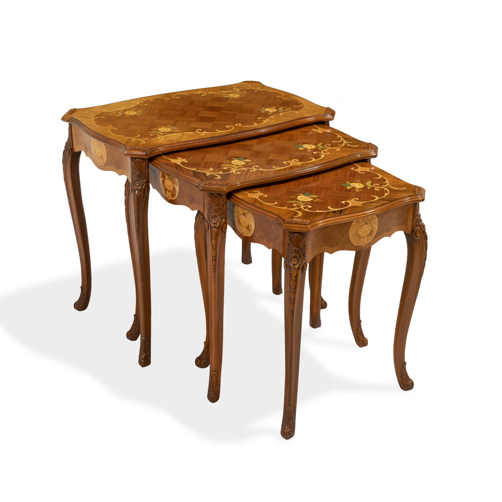 Floral Inlaid Net of Tables: Description - Floral Inlaid nest of tables. Dimensions - 24" x 27" x 17"