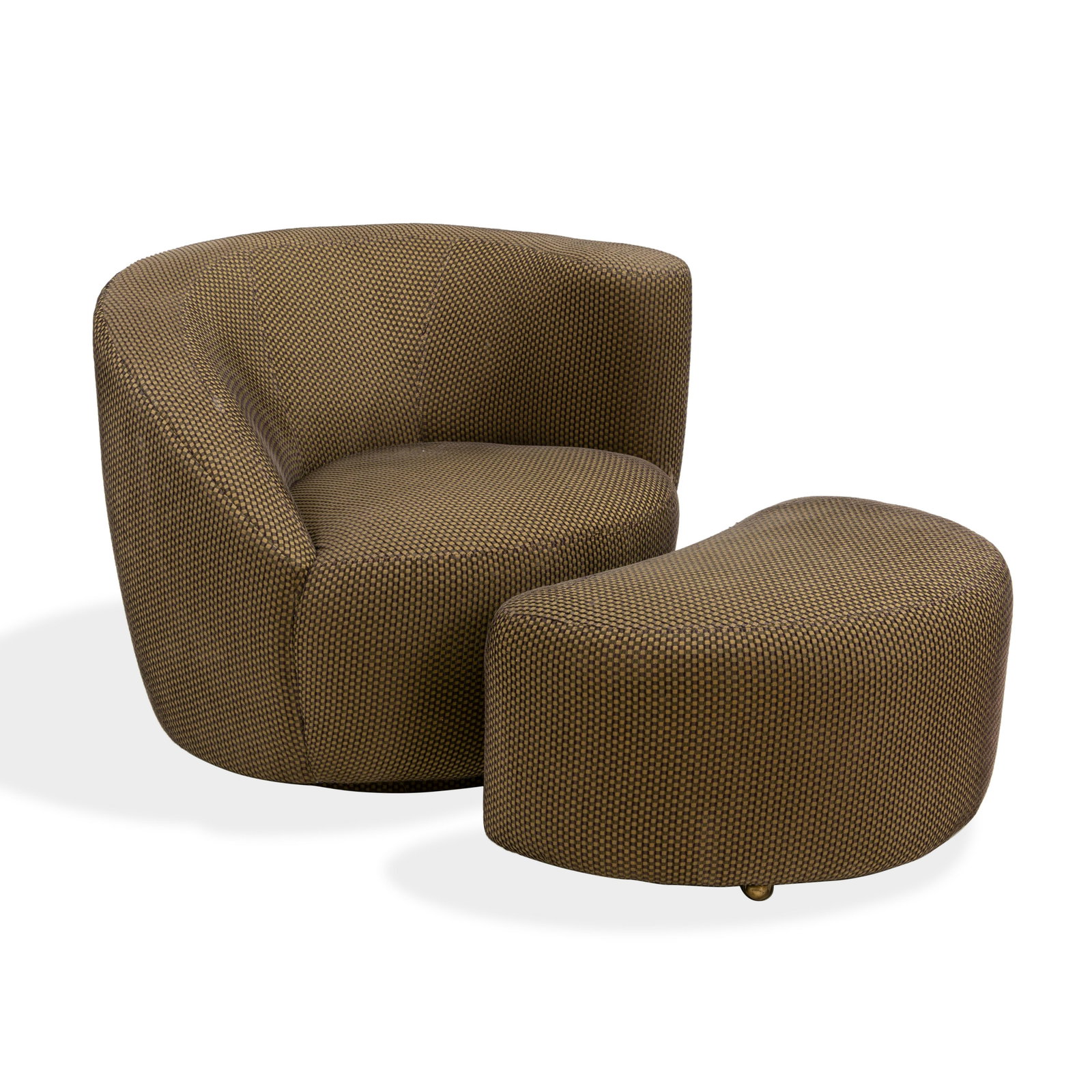 Vladimir Kagan - Swivel Chairs and Ottoman: Description - Vladimir Kagan swivel chairs and moon ottoman. Dimensions - chair- 27" x 36" x 36"
