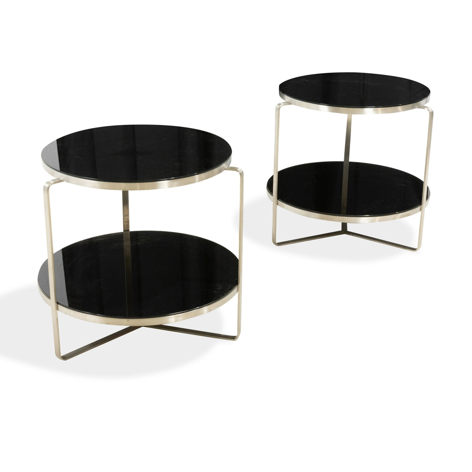 Deco Style Tables: Description - Glass and brushed metal Deco style tables. Dimensions - 21" x 22.5"