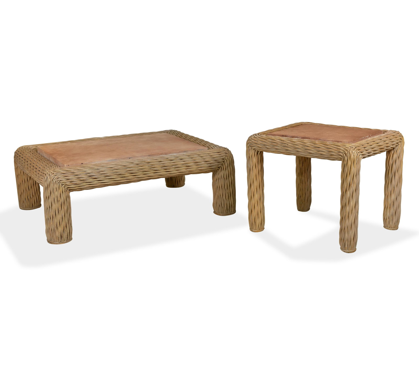 Rattan and Painted Wood Tables: Description - Rattan and painted wood coffee and side table. Dimensions - Coffee table - 17"x 48" x 38"