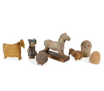 Modern Figural Studio Pottery - 7: Description - Lot 7 pieces earth tones modern figural studio pottery, including Bennington Potters ram and lion banks, Tue Poulsen Denmark owl, Norwegian double headed figure, etc. Dimensions - larges