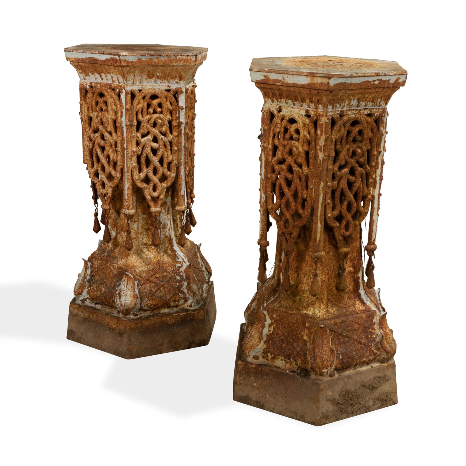 Moorish Style Cast Iron Pedestals: Description - Pair of Moorish style cast iron pedestals. Dimensions - 17" x 24"