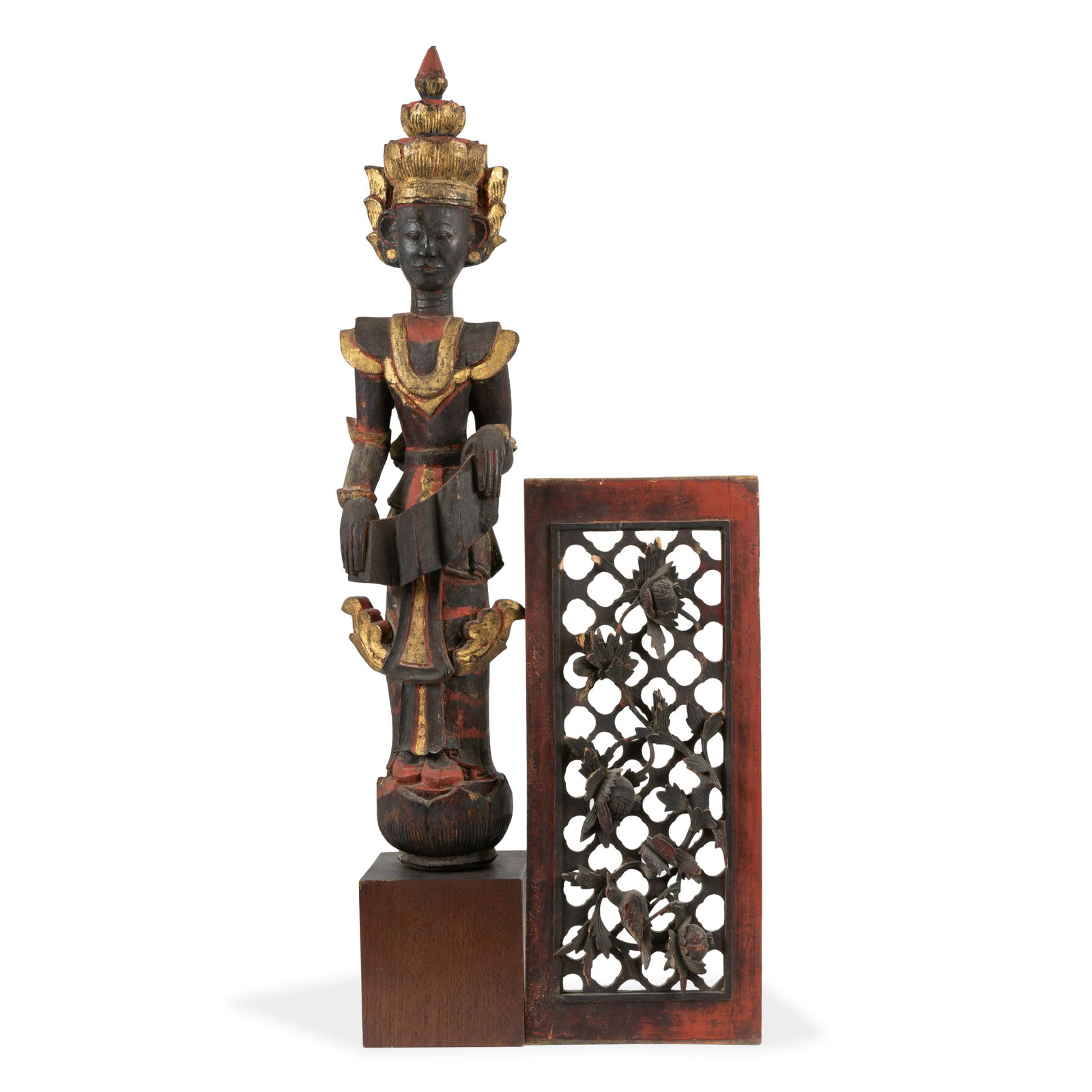 Oriental Figure and Carving: Description - Oriental figure and carving. Dimensions - figure- 34" x 5.5"
