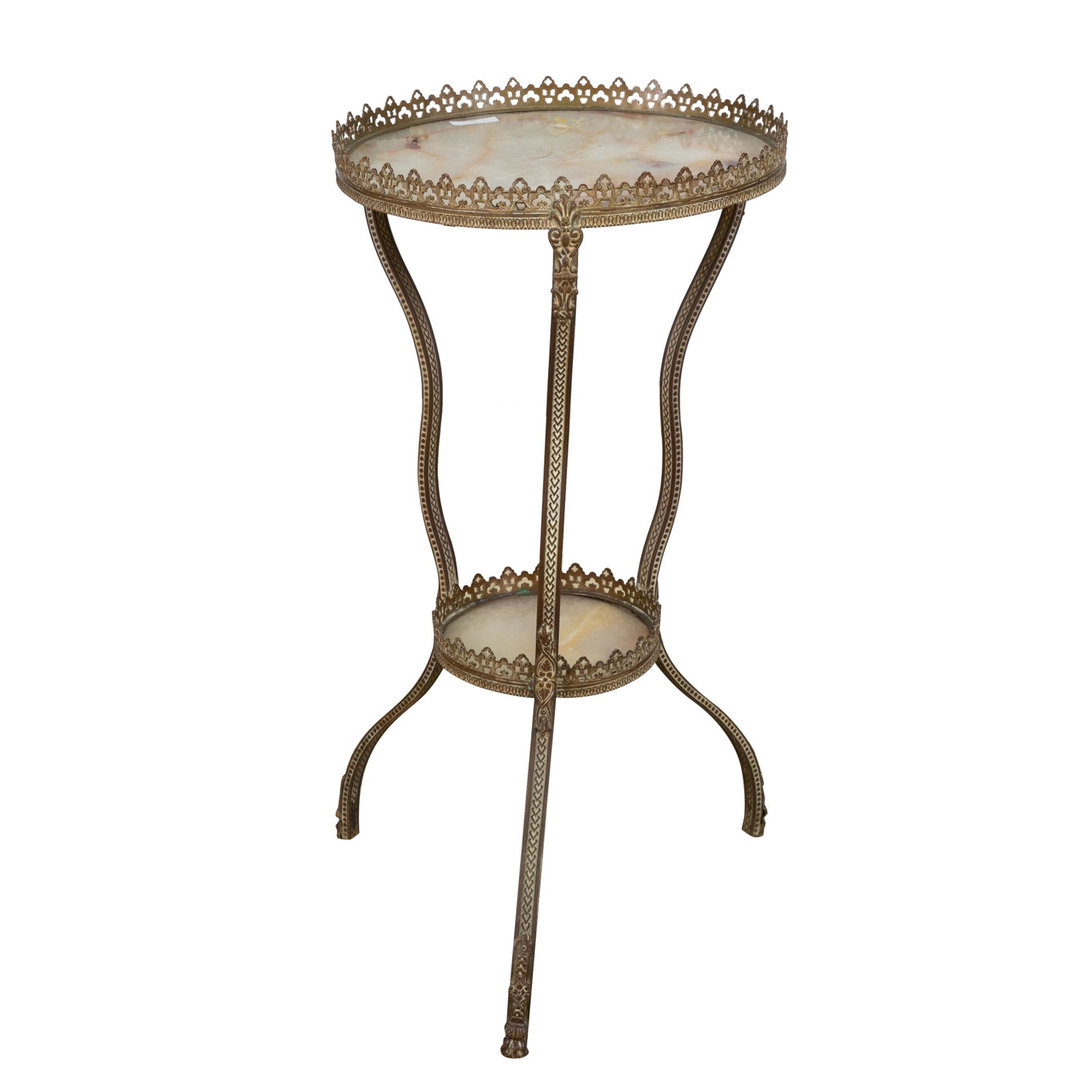 Onyx and Brass 2 Tier Table: Description - Onyx and brass 2 tier table. Dimensions - 29" x 15"