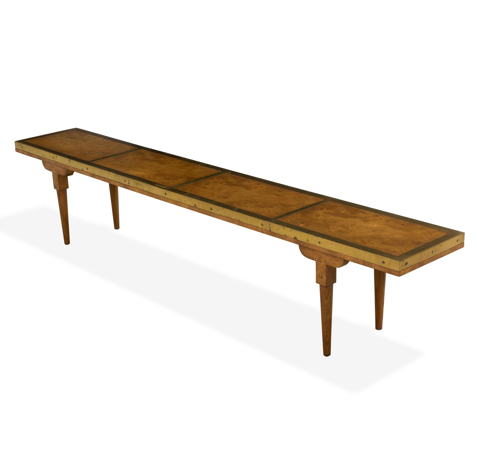 Burl and Brass Bench/Table: Description - Burl and brass bench/table. Dimensions - 15" x 76" x 11.5"