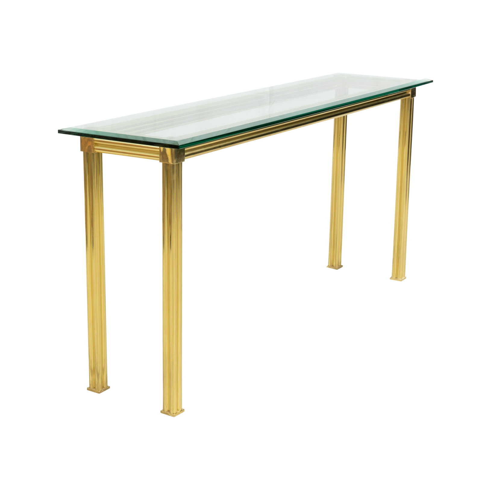 Brass and Glass Console Table: Description - Brass and glass console table. Dimensions - 27" x 56" x 14"