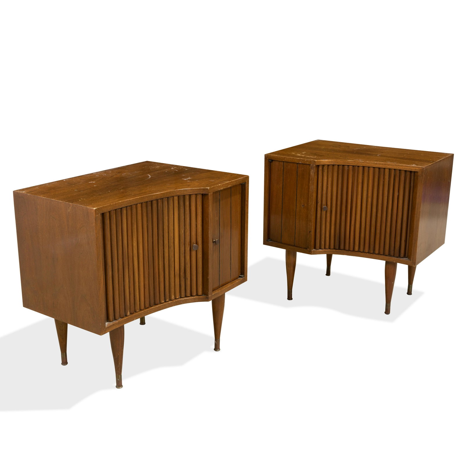 Walnut Tambour Nightstands - Pair: Description - Pair of walnut tambour nightstands. Dimensions - 24" x 25" x 18"
