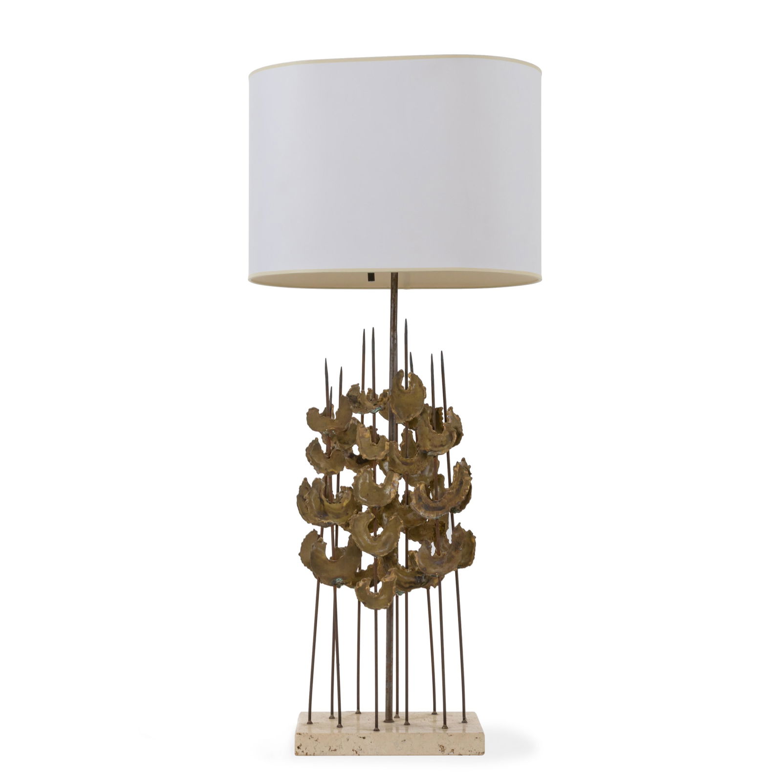 Brutalist Travertine Base Lamp: Description - Brutalist travertine base lamp. Dimensions - total- 36" x 16"