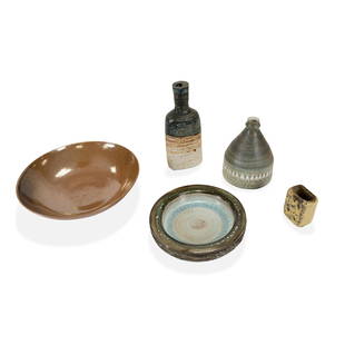 Modern Studio Pottery - 5: Description - lot 5 pieces US + scandinavian modern studio pottery including: Glit Iceland, Hald Soon Norway, Stanley Ballard, and Tue Poulsen Denmark. Dimensions - bowl- 2.5" x 12"