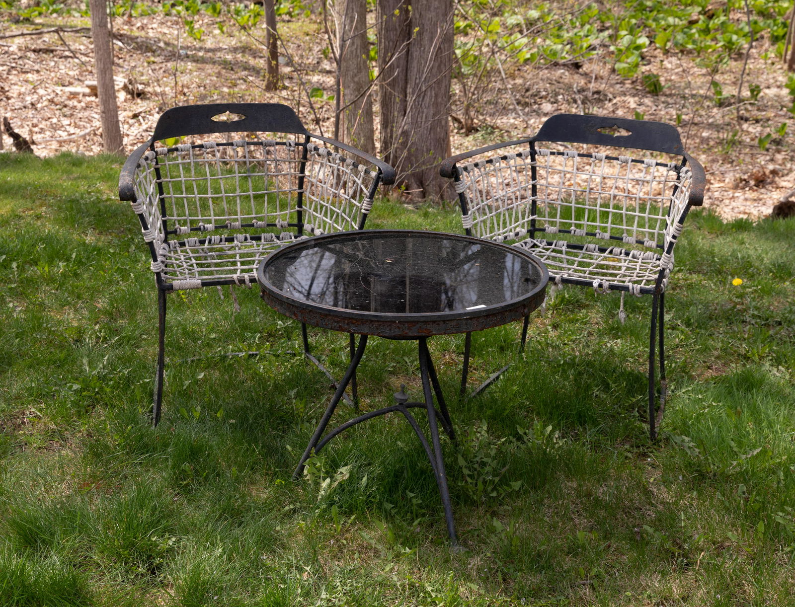 Garden Chairs and Table: Description - Pair of garden chairs and table. Dimensions - 30" x 26" x 20"
