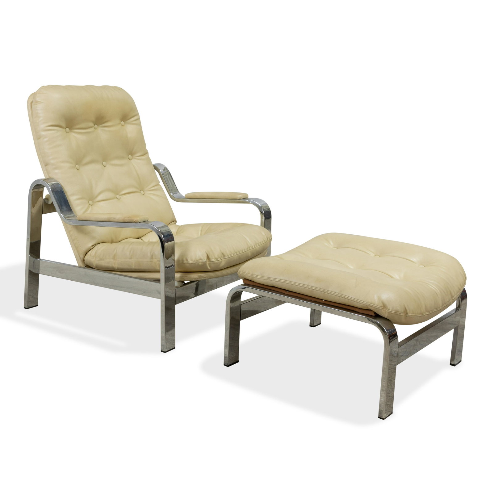 Italian Chrome Recliner and Ottoman: Description - Italian signed recliner and ottoman. Dimensions - chair- 33" x 28" x 34"