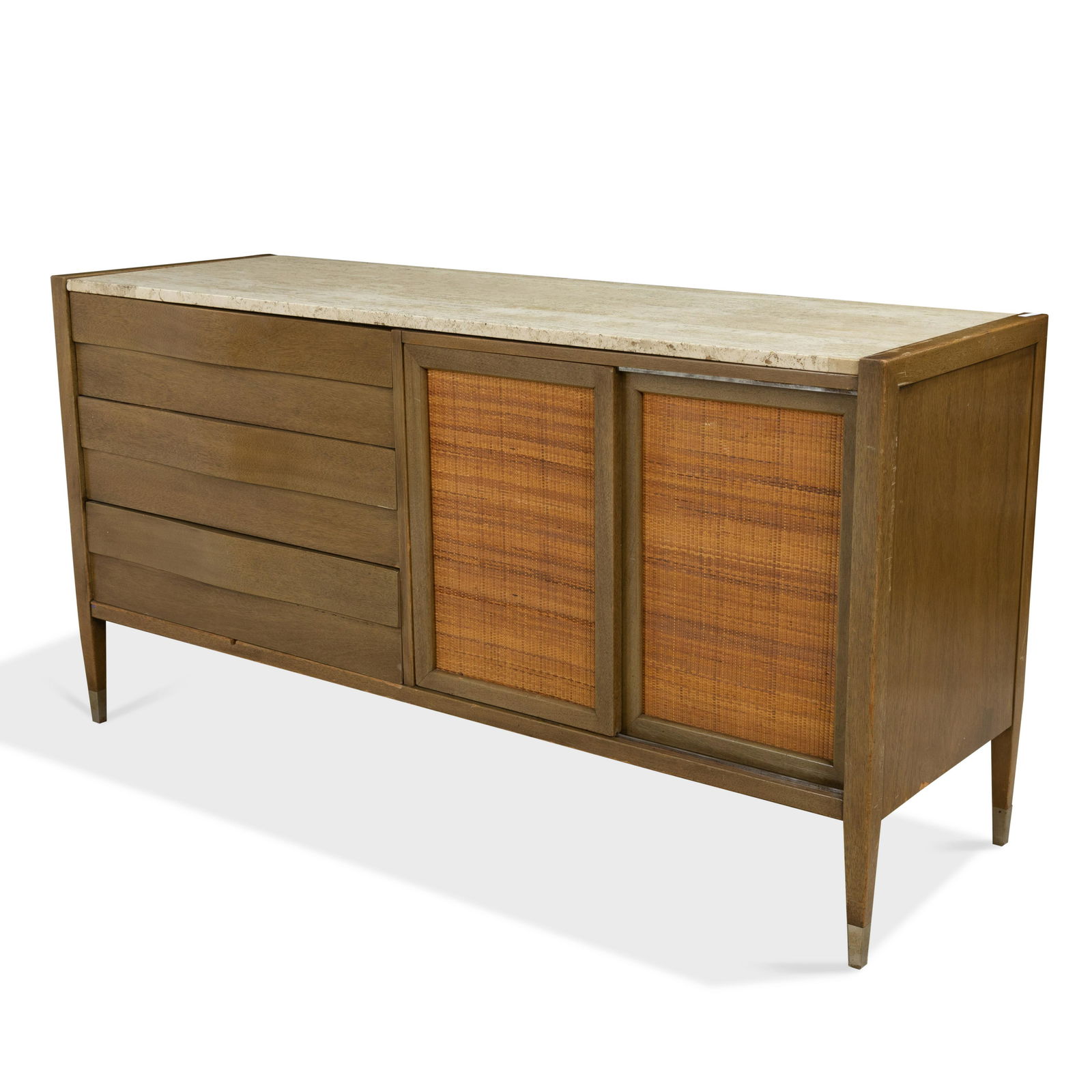 American of Martinsville - Credenza: Description - America of Martinsville travertine top credenza. Dimensions - 33" x 63" x 20"