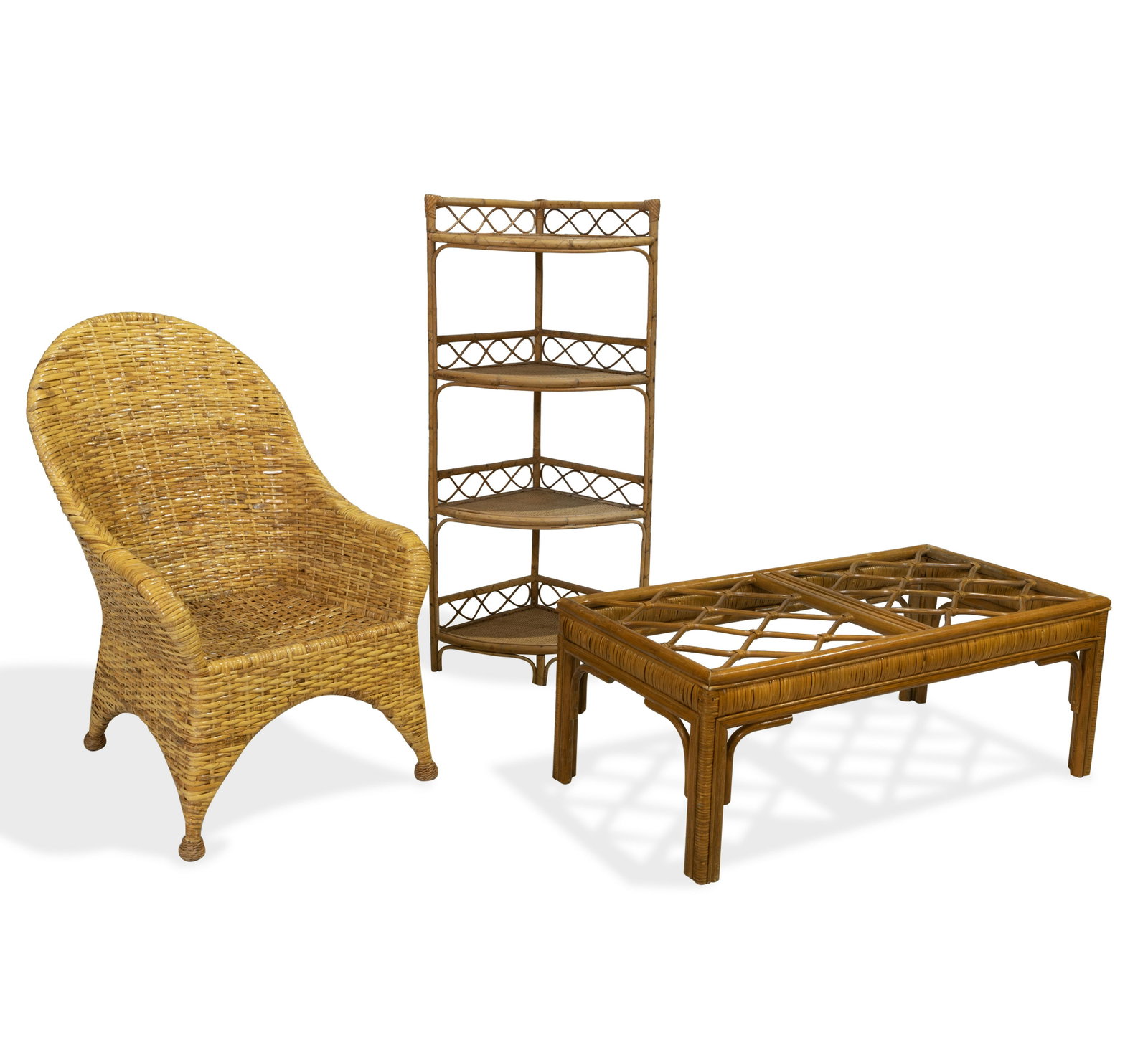 Rattan Group: Description - Rattan group. Dimensions - shelf- 50" x 17" x 24"