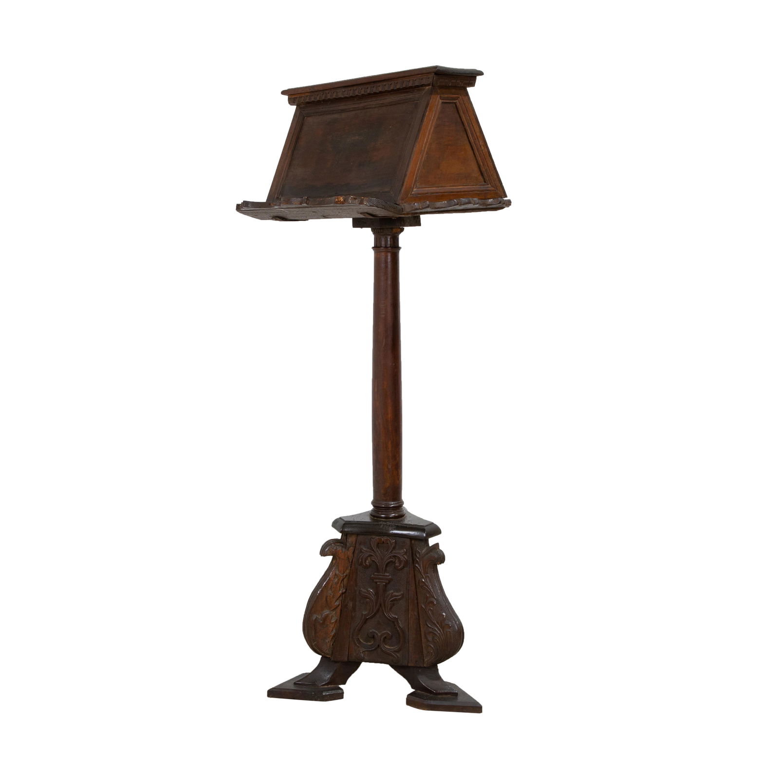 Italian Antique Walnut Lectern Pedestal: Description - Italian antique walnut 2 sided lectern pedestal. Dimensions - 66" x 20" x 24"