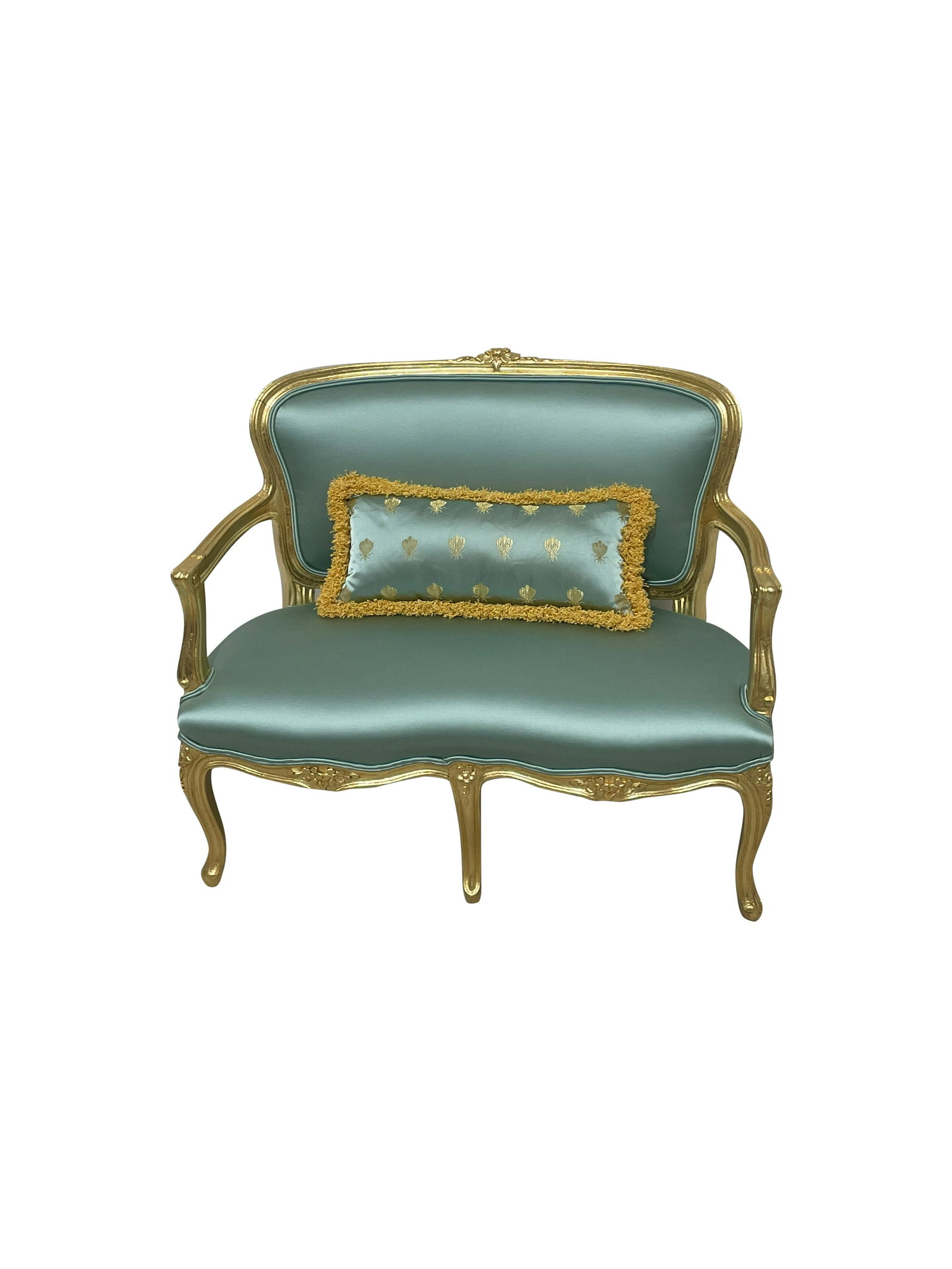 Child's Gold Leaf Loveseat: Description - Child's gold leaf loveseat with scalamandre upholstery. Dimensions - 29" x 33" x 21"