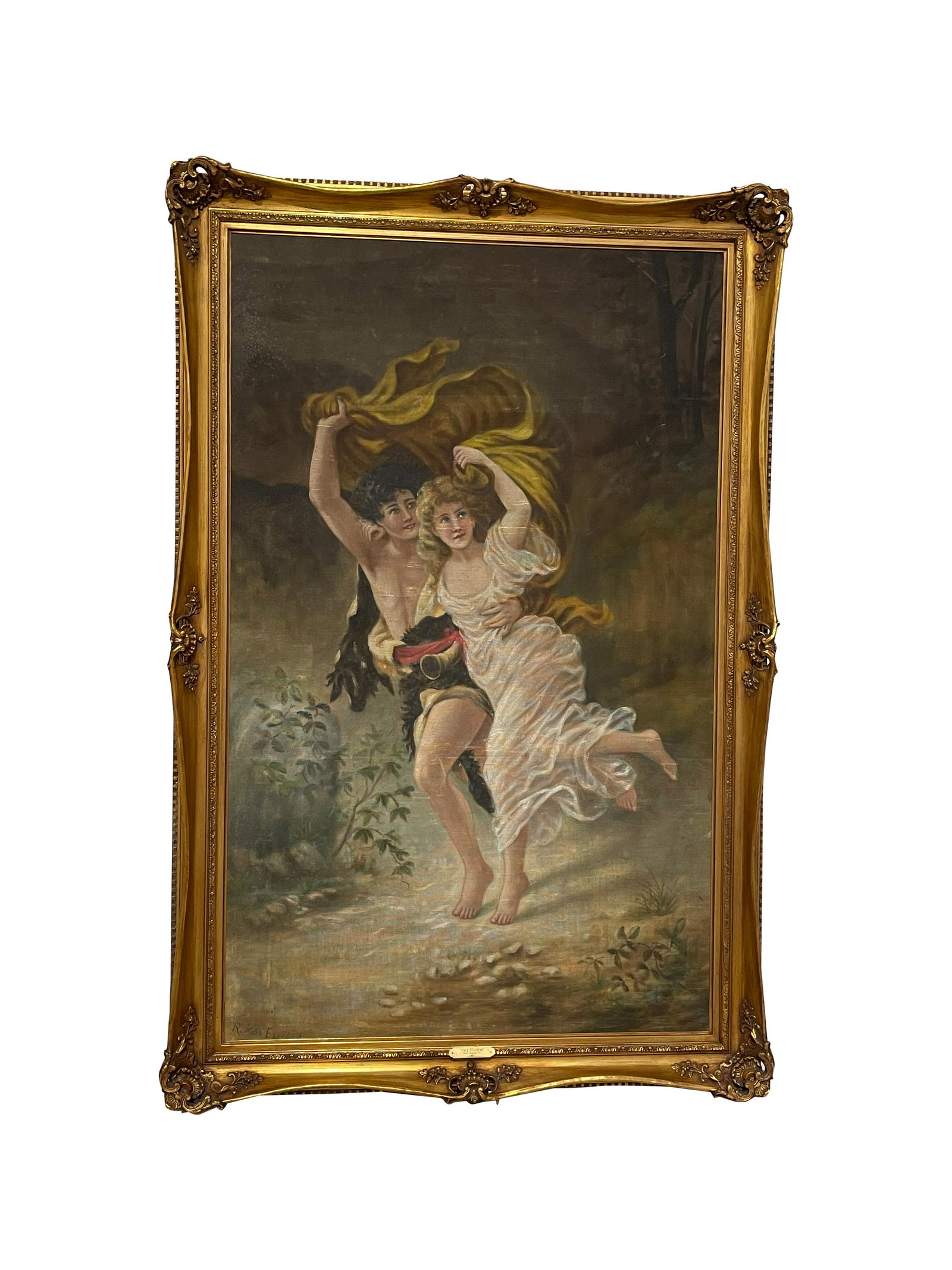 Oil on Fabric "The Storm": Description - Oil on fabric "The Storm" after Pierre Augusta Cote in custom made frame. Dimensions - frame- 69" x 45" sight- 60" x 37"