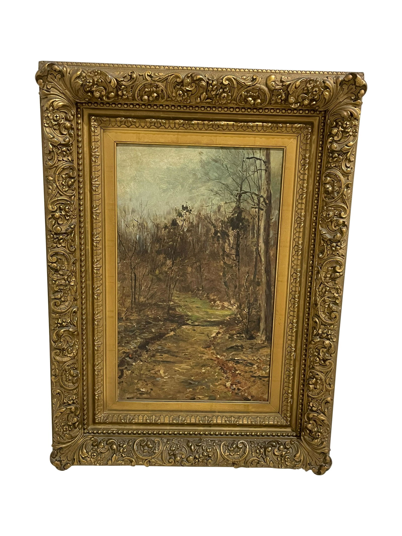 Oil on Canvas Path in Woods Gilbert William Gaul: Description - Oil on canvas path in woods signed lower left William Gilbert Gaul in ornate Victorian frame. Dimensions - frame- 36" x 26" sight- 23" x 14"