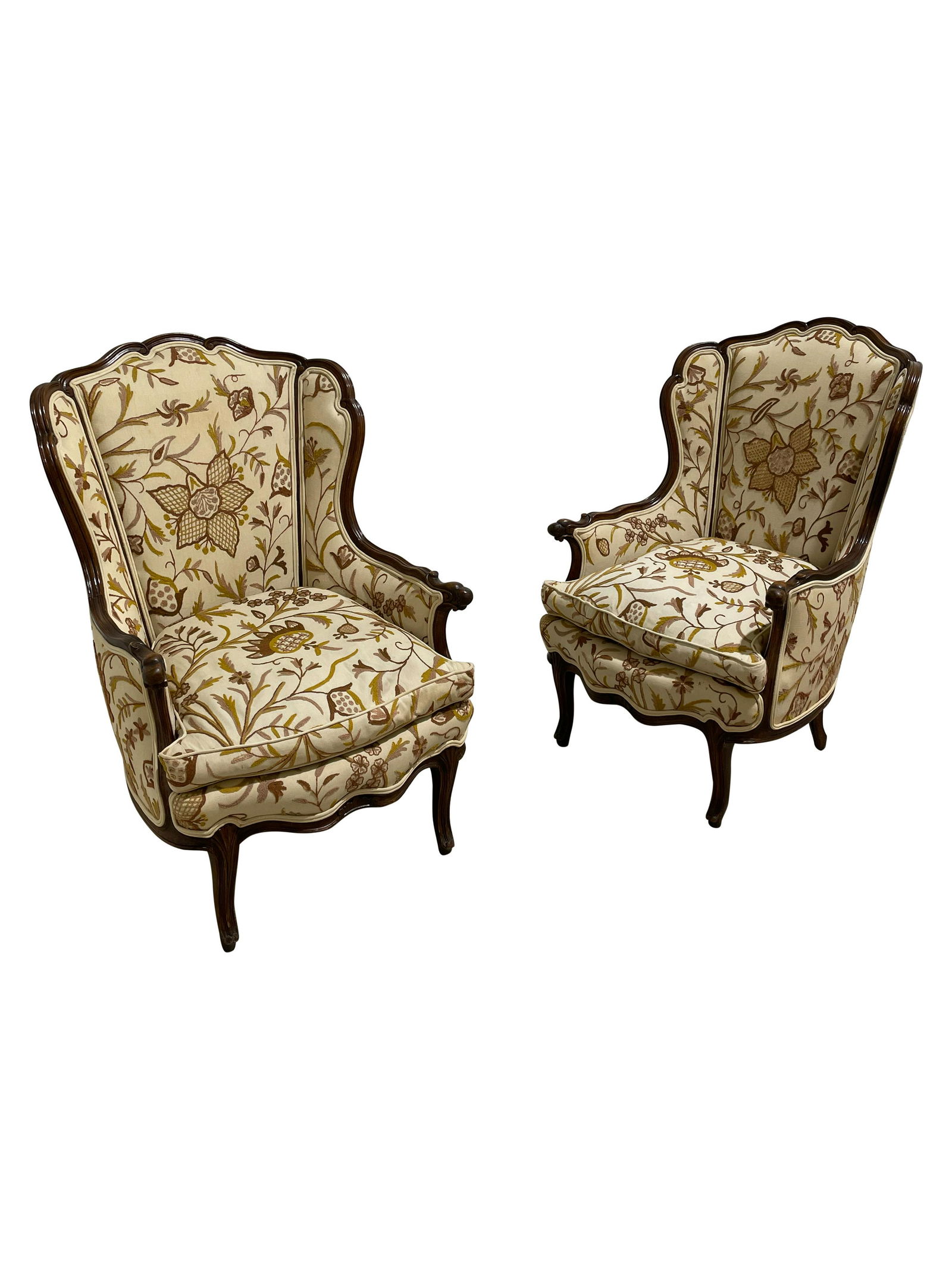 French Style Crewel Wing Chairs - Pair (1 of 2)