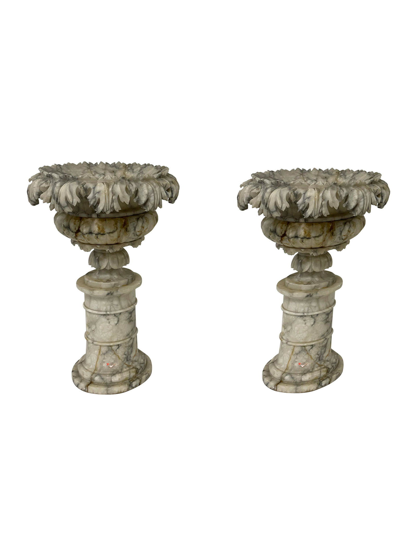 Alabaster 3 Part Urns - Pair: Descritiopn - Pair of alabaster 3 part urns. Dimensions - 18" x 12"