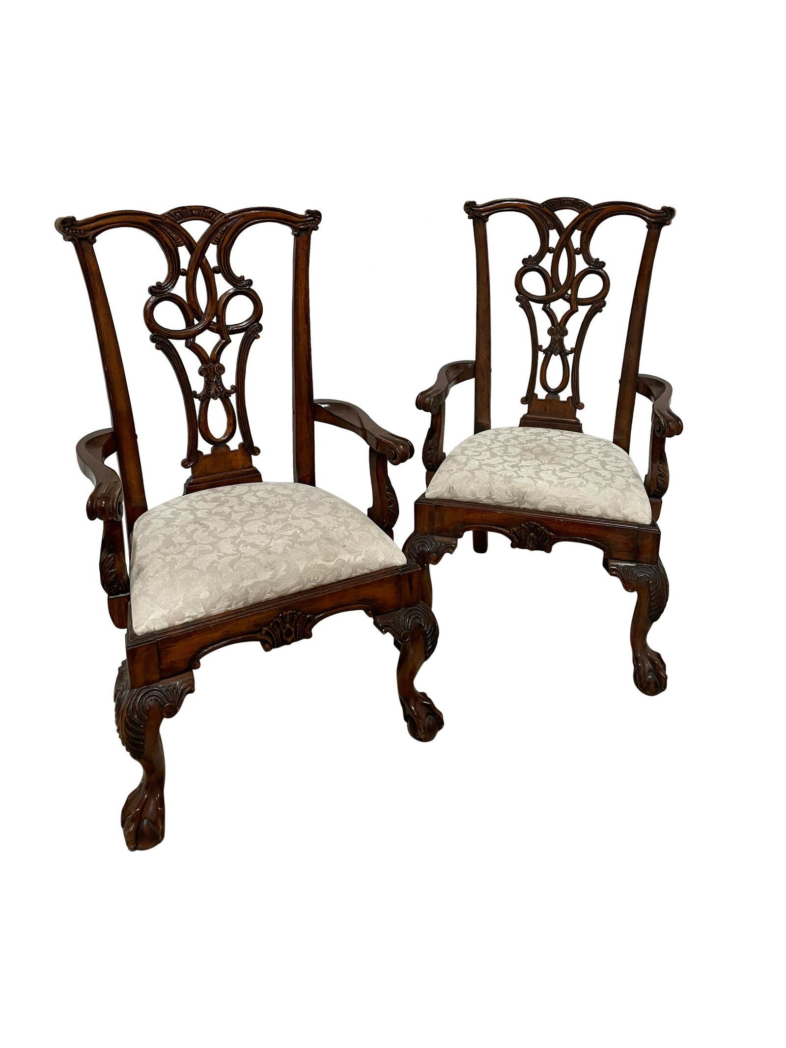 Chippendale Style Mahogany Arm Chairs: Description - Chippendale style mahogany arm chairs. Dimensions - 43" x 25" x 21"