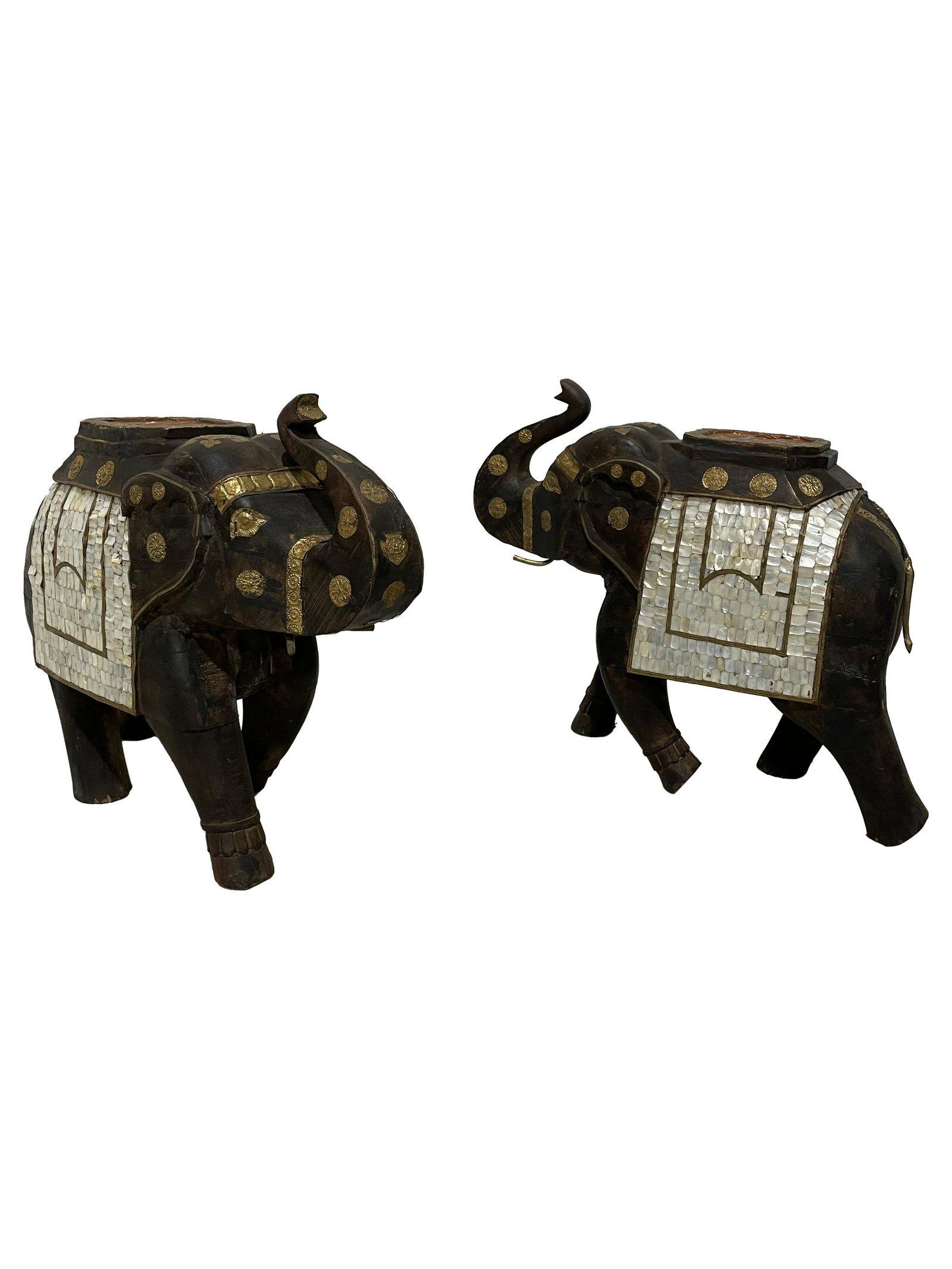Mother of Pearl Elephant Garden Seats - Pair: Description - Pair of Mother of pearl elephant garden seats. Dimensions - 25" x 30" x 11"