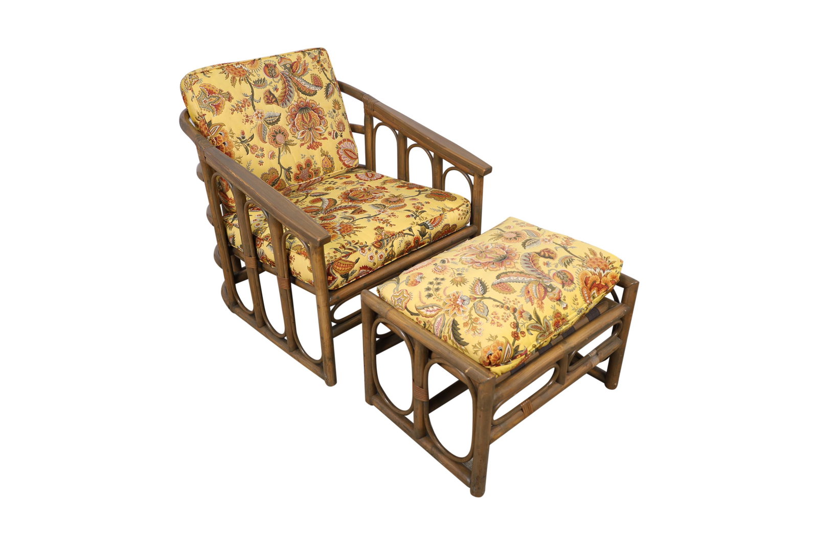 Sculpted Bamboo Chair and Ottoman: Description - Sculpted bamboo lounge chair and ottoman. Dimensions - 28" x 28" x 31"