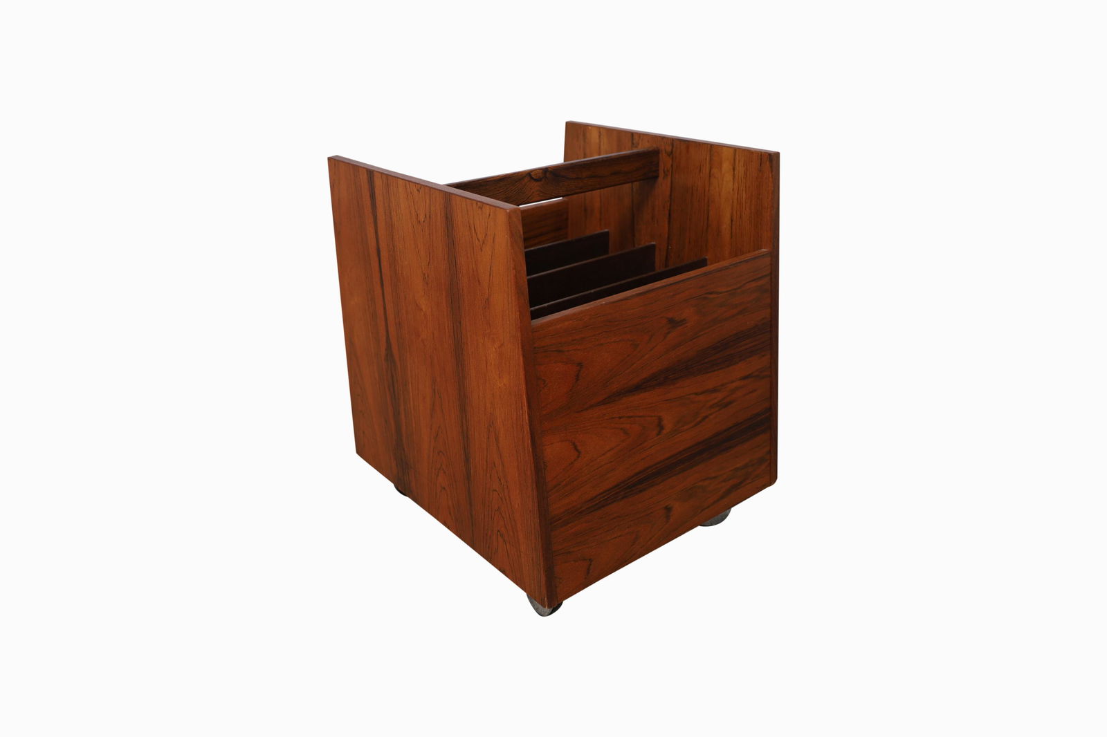 Rolf Hesland - Bruksbo - Magazine Rack: Description - Rolf Hesland Bruksbo rosewood rolling magazine/record rack. Dimensions - 18" x 14" x 15"