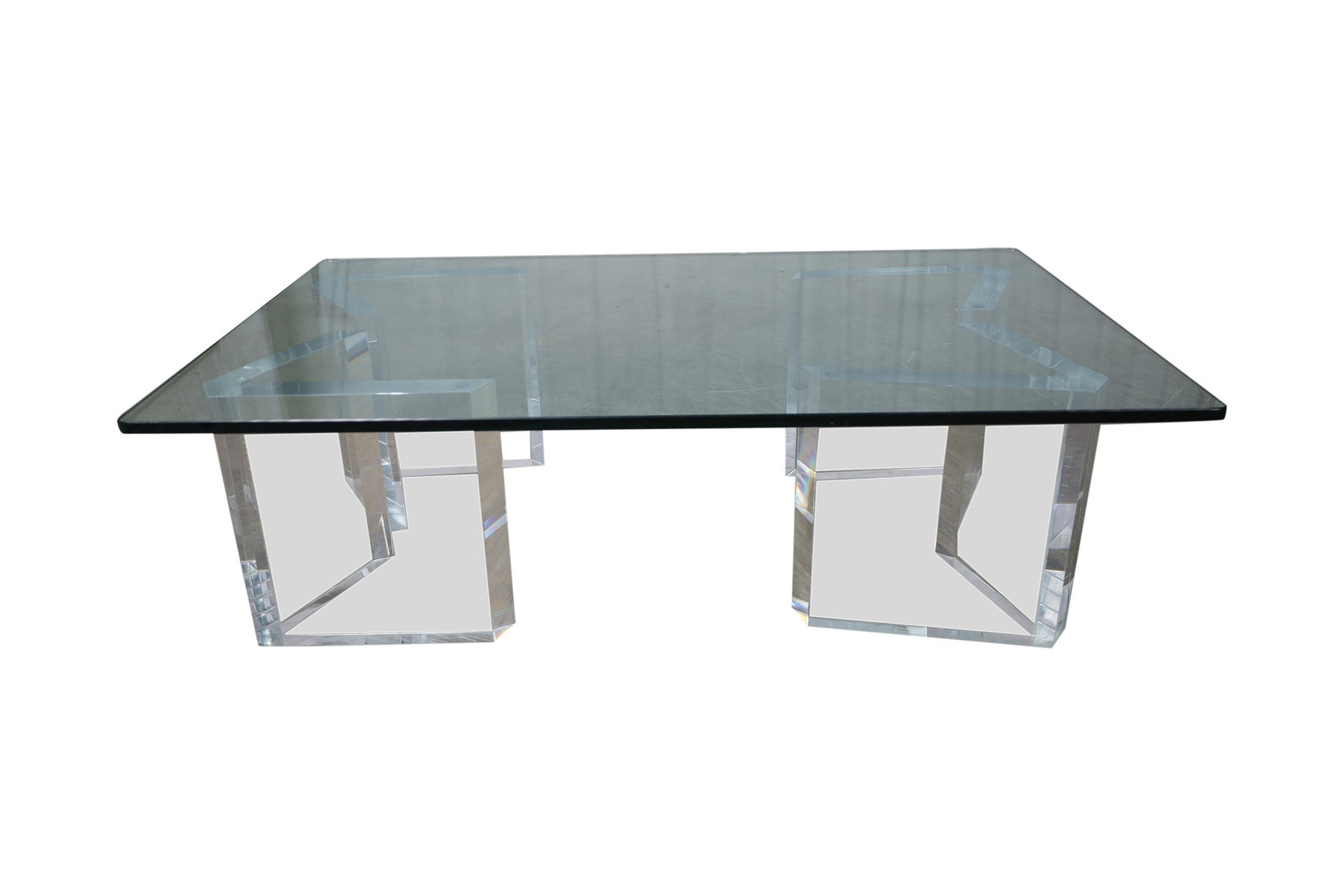 Lucite and Glass Coffee Table: Description - Lucite and glass coffee table. Dimensions - 16" x 54" x 30"
