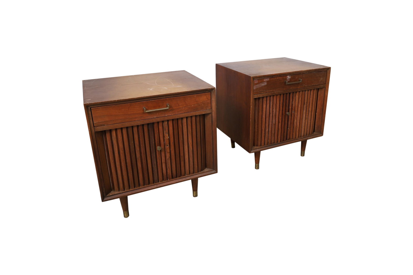 Furnetic Tambour Walnut Nightstands: Description - Pair Furnetic tambour walnut nightstands. Dimensions - 24" x 22" x 18"