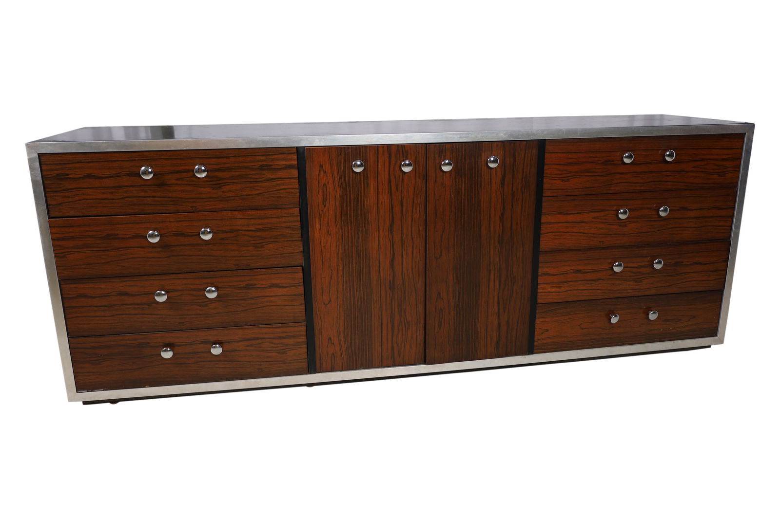 Milo Baughman Style - Long Dresser: Description - Milo Baughman style rosewood laminate and chrome long dresser. Dimensions -28" x 76" x 18"