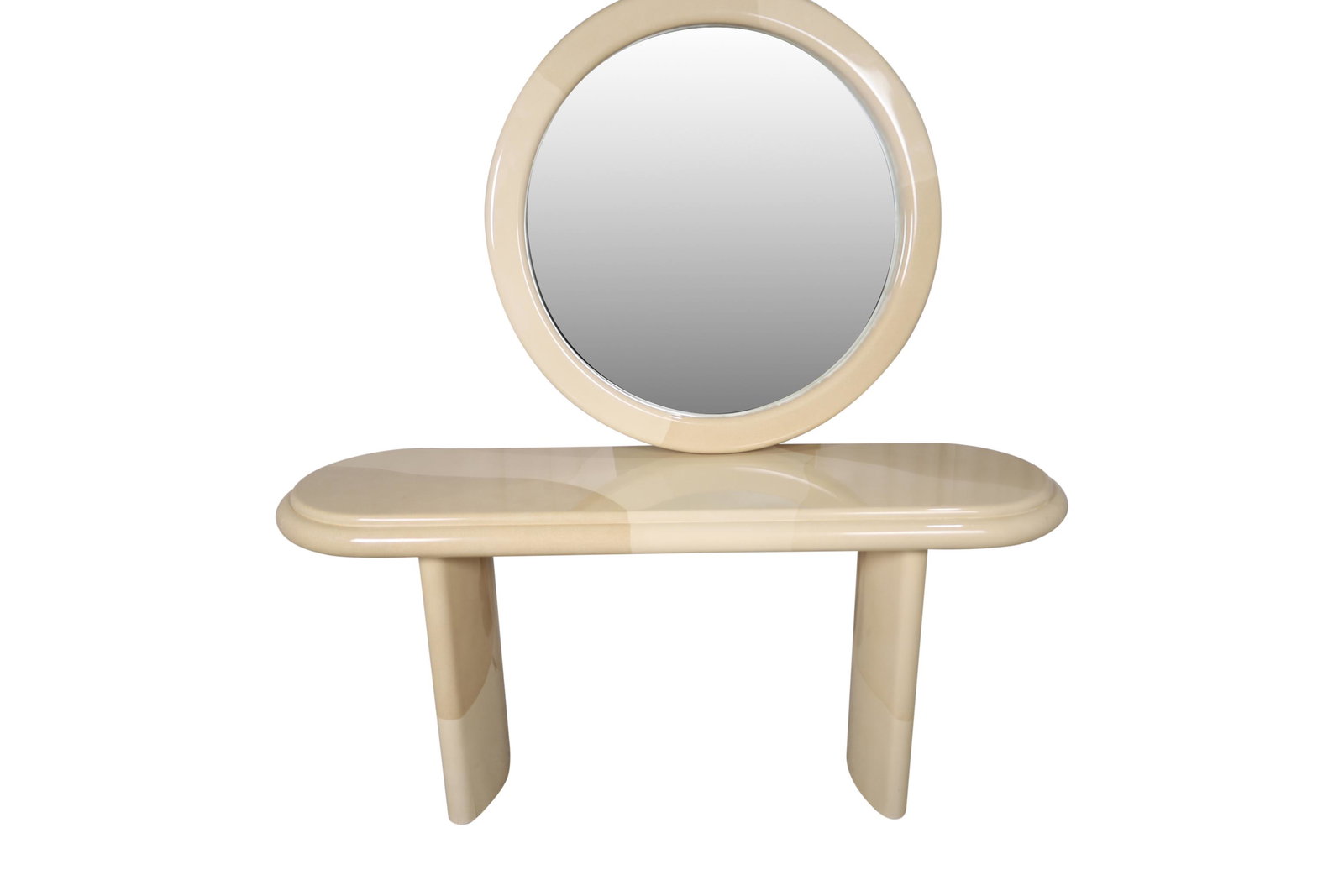 Faux Goatskin Console and Mirror: Description - Faux goatskin console and mirror. Mirror included in this lot is fully round. Dimensions - console- 27" x 60" x 17" mirror- 35"