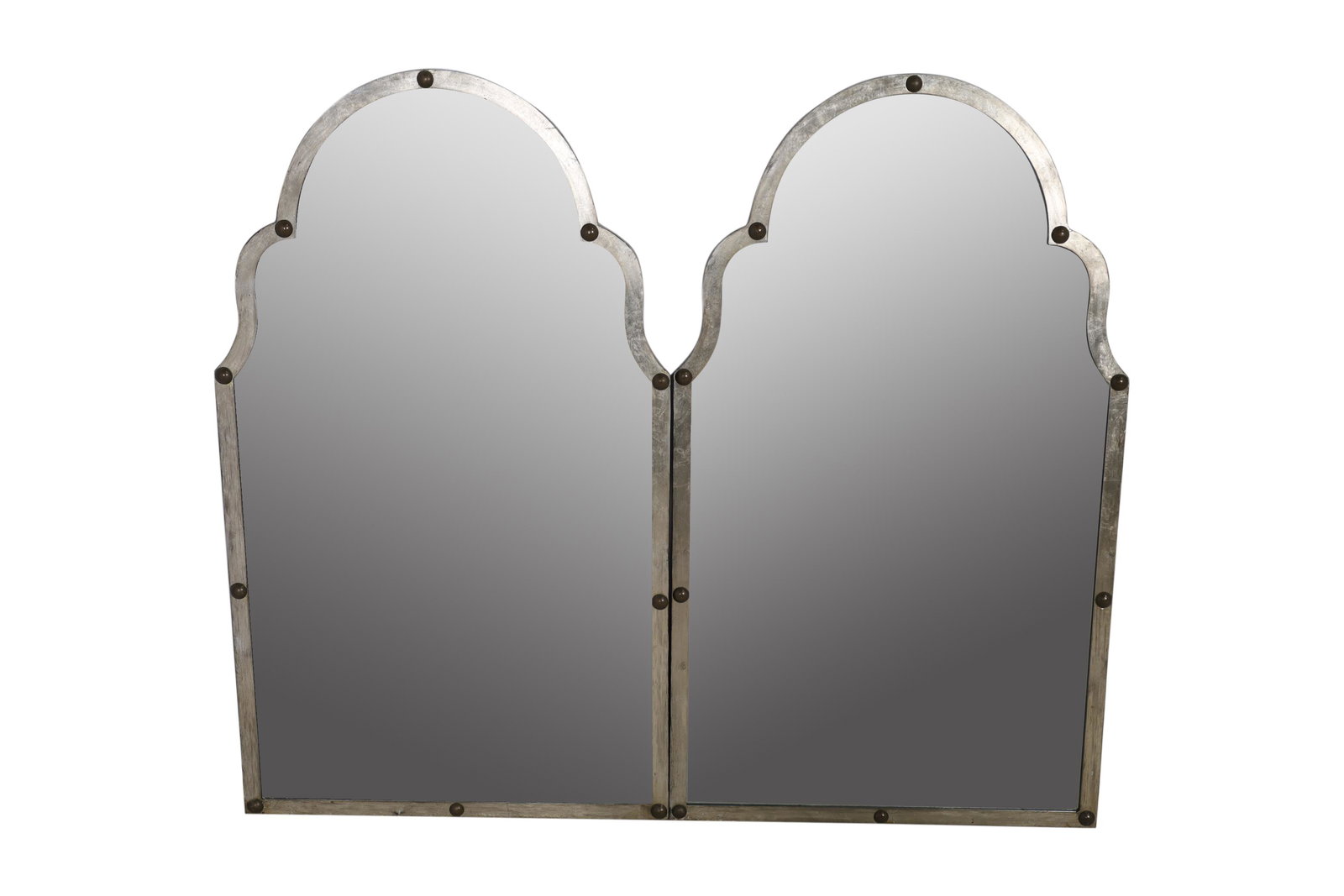 Silvered Iron Mirrors: Description - Pair of silvered iron and nail head mirrors. Dimensions - 41' x 23.5"