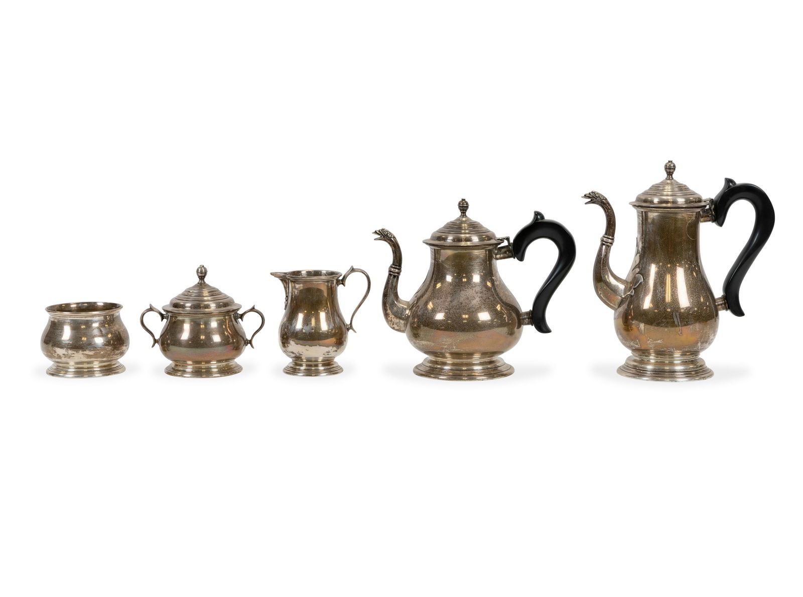 John Coney - Lunt Sterling Tea Set - 5 Piece: Description - Five piece John Coney Lunt sterling tea set with serpent spouts 77.1 troy oz. Dimensions - large teapot- 10" x 8.5" x 5"