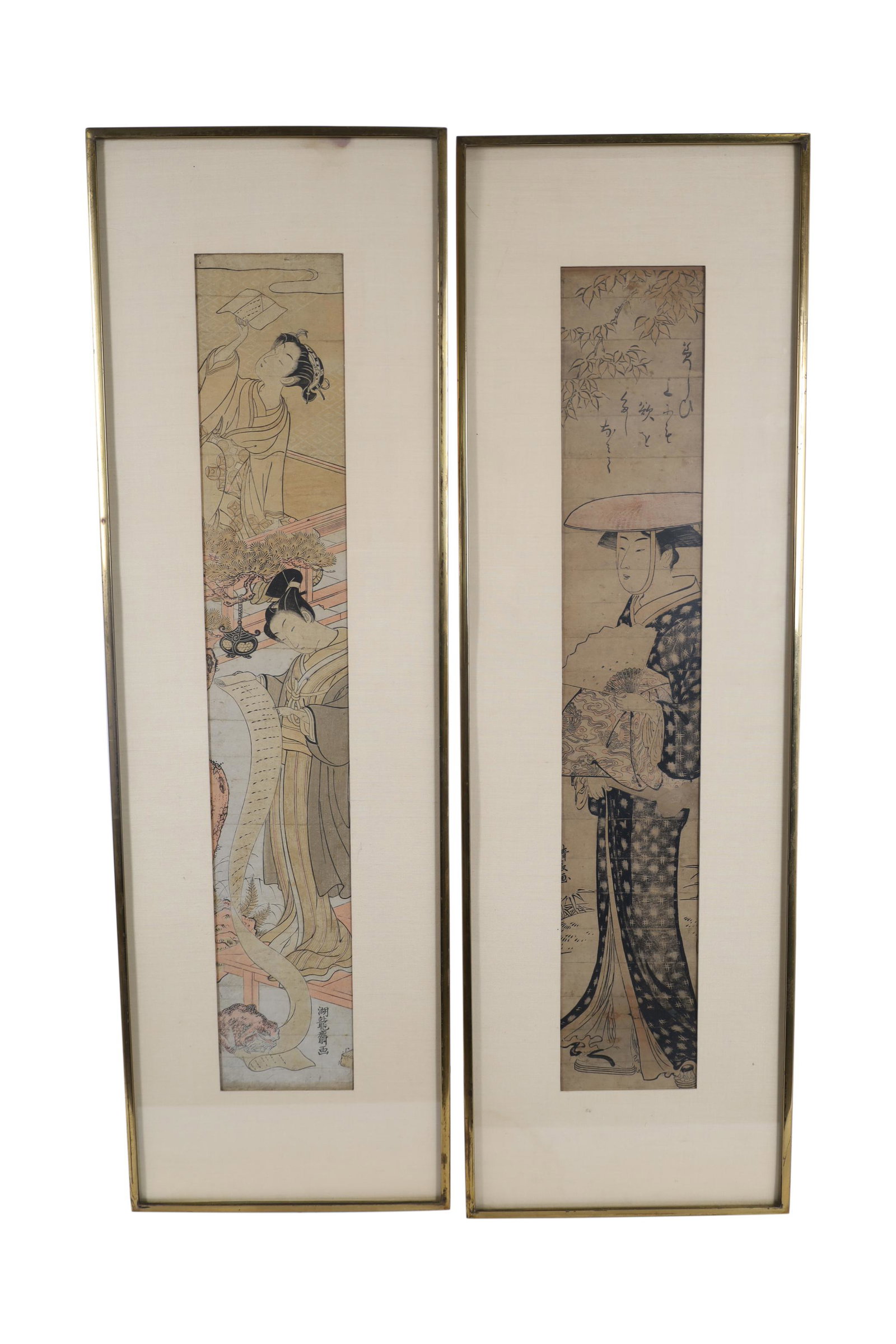 Koryusai & Kiyonaga Japanese Woodblocks - 2: Description - Koryusai Japanese woodblock print and Kiyonaga Japanese woodblock print. Dimensions - frame- 34" x 10.5" sight- 25.5" x 4.75"