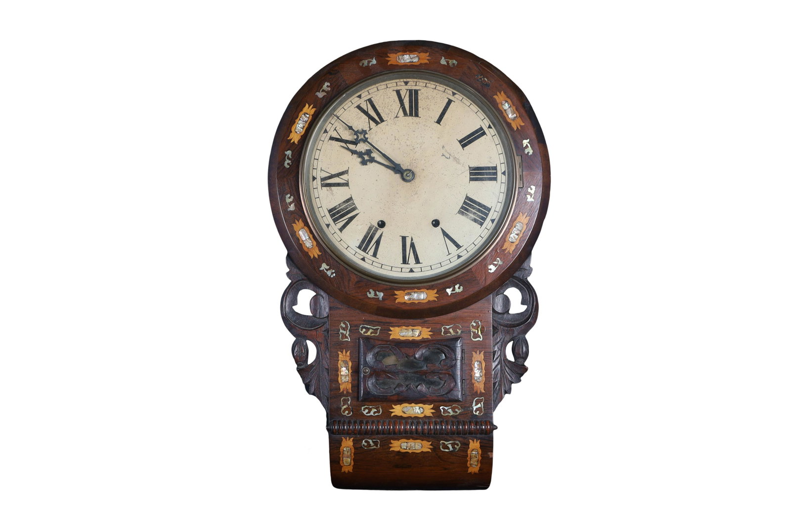 New Haven - Inlaid Carved Clock: Description - New Haven inlaid carved clock. Dimensions - 26" x 15"