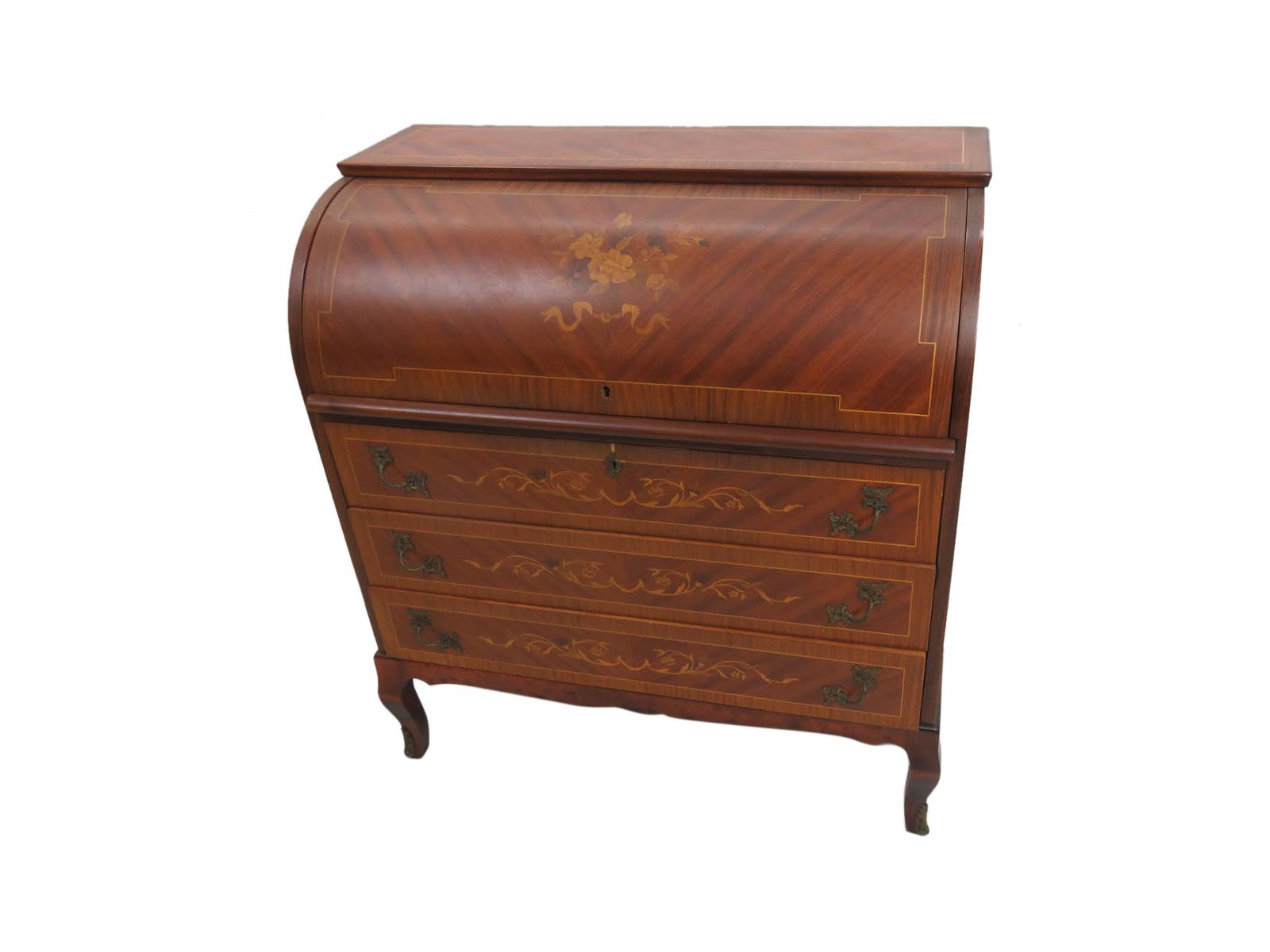 French Inlaid and Banded Cylinder Desk: Description - French inlaid and banded cylinder desk with bronze ormolu. Dimensions - 38.5" x 36" x 18.25"