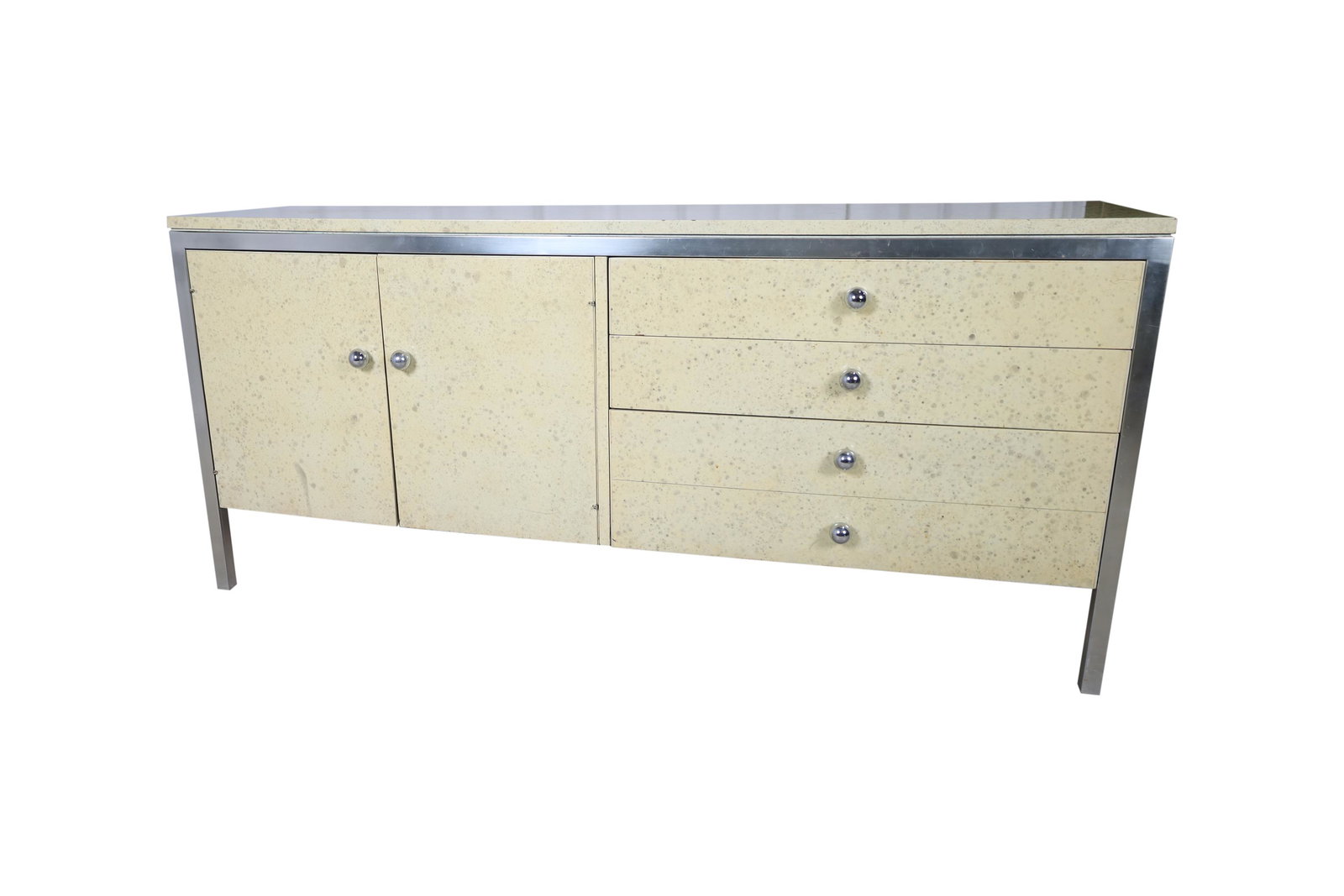 Chrome and Oil Spot Credenza: Description - Chrome and oil spot credenza. Dimensions - 31" x 68" x 18"