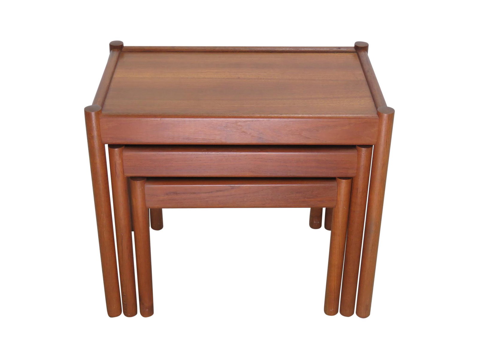 Nest of 3 Teak Tables: Description - Nest of 3 teak tables. Dimensions - largest- 21" x 24.5" x 15.5"