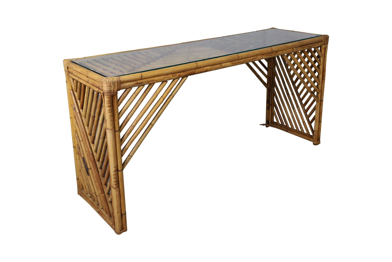 Rattan Console: Description - Rattan console table. Dimensions - 29" x 59.5" x 18"