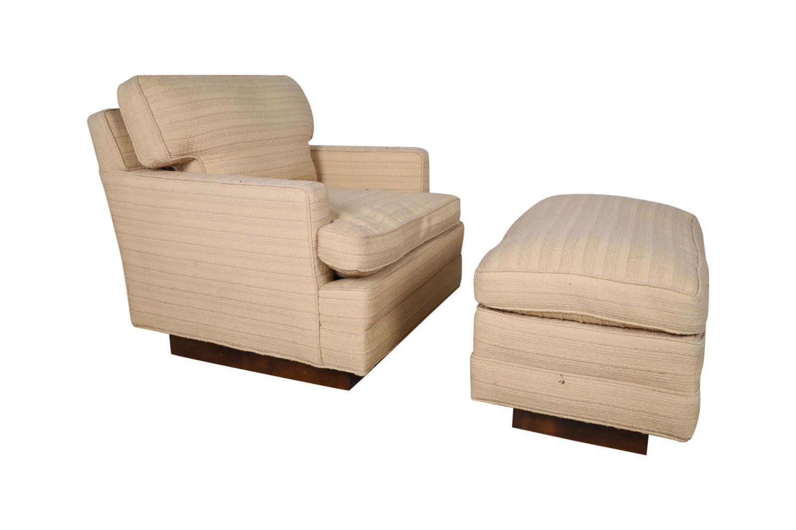 Roger Sprunger (Attr.) Dunbar- Chair and Ottoman: Description - Roger Sprunger attributed Dunbar lounge chair and ottoman with plinth base and original fabric. Dimensions - 28" x 29" x 32"