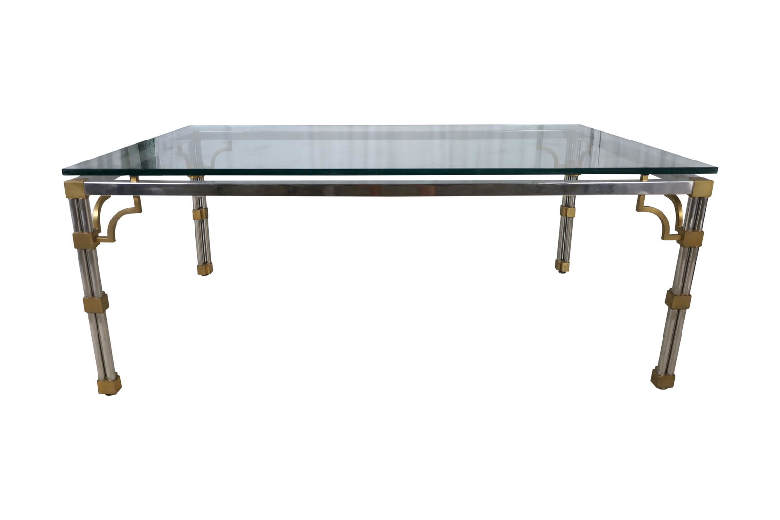 Mid Century Dining Room Table: Description - Chrome, brass and glass mid century dining room table. Dimensions - 29" x 72" x 42"