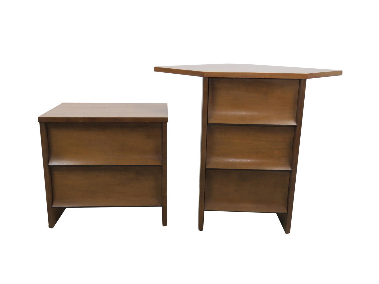 Mid Century Nightstand and Cabniet: Description - Mid century nightstand with laminate top and corner cabinet. Dimensions - nightstand- 22" x 23" x 16" cabinet- 30" x 36" x 27.5"